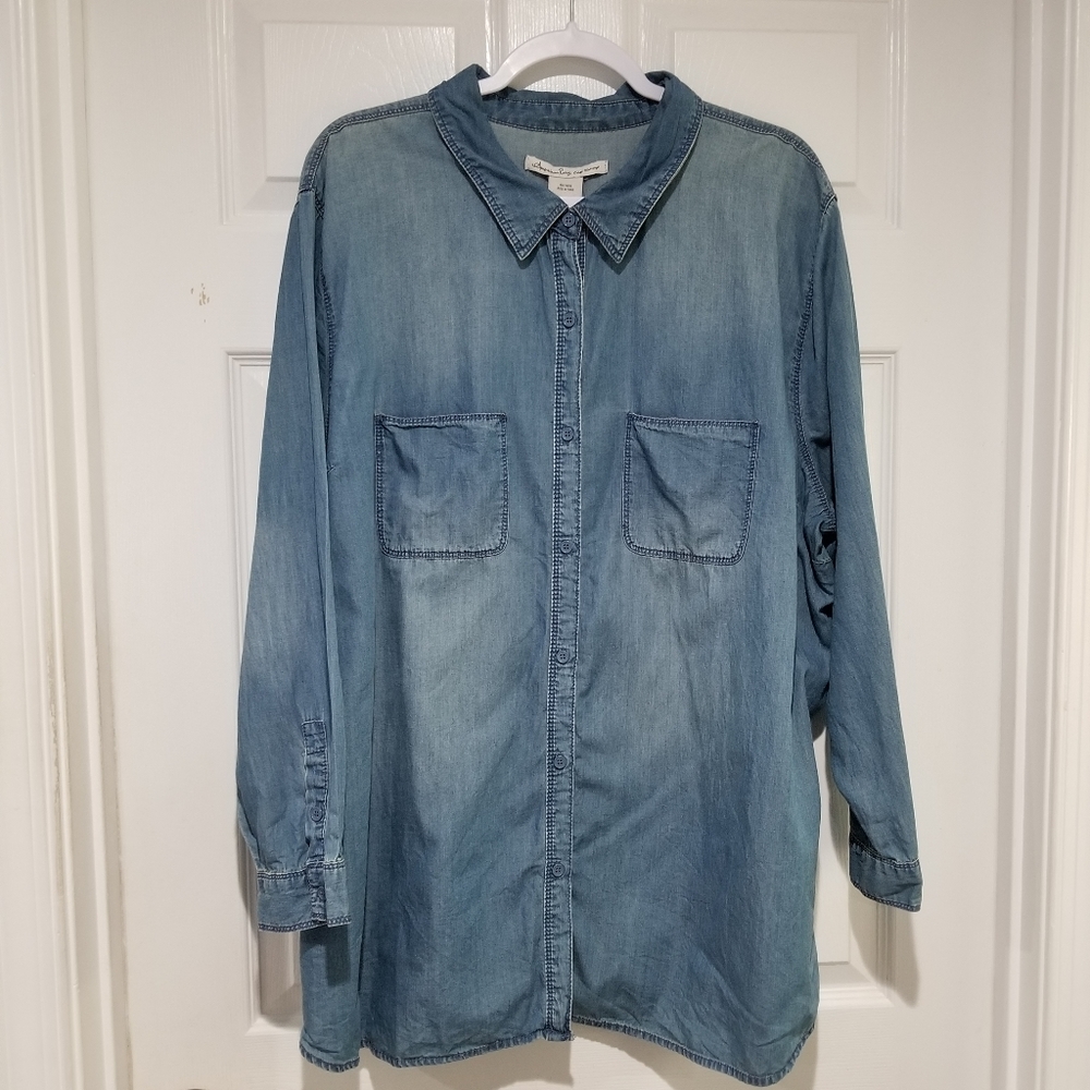 American Rag Plus Size Cotton Blue Chambray Lightweight Denim Button Up Shirt